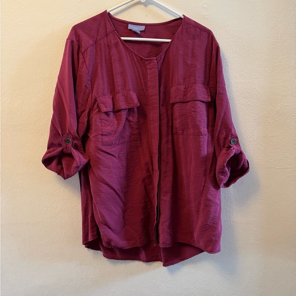 Laura Scott Burgundy Blouse Concealed Placket with Roll up button sleeves 1X - Picture 2 of 12